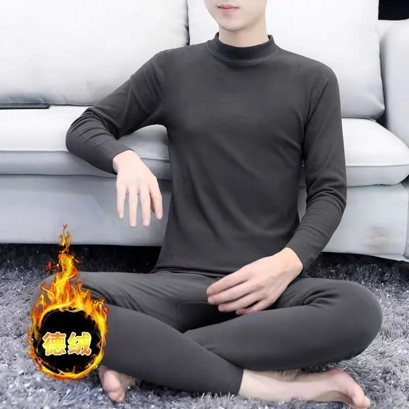 (top+pants) Men's Casual Autumn Winter ONeck Elastic Waist Thermal Underwear Set Warm Fleece Slim Pants Heat Clothes for Men