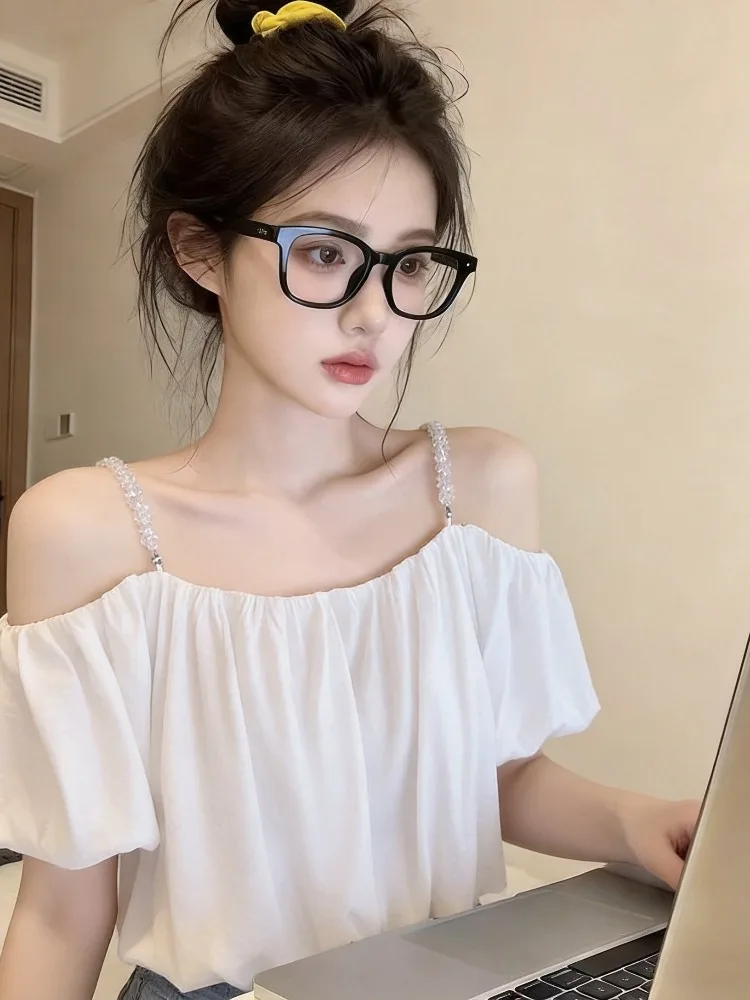 

Fashionable Short Sleeve Sweet Shoulder Bared T Shirt Women's Slim Fit Short Length Strapless Top Spring Summer Citywalk Style
