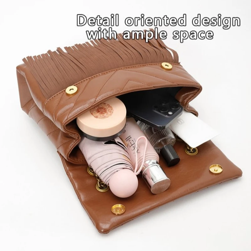 Stylish Boho Chain Crossbody Bag Maillard Color Raffia + Metallic Accent Students Campus Bag Adjustable Daily Use