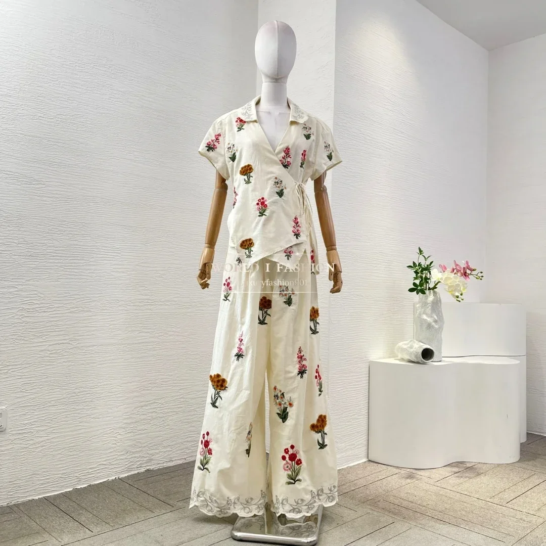 Beige Short Sleeve Embroidery Floral Blouse and Pants Set 2025