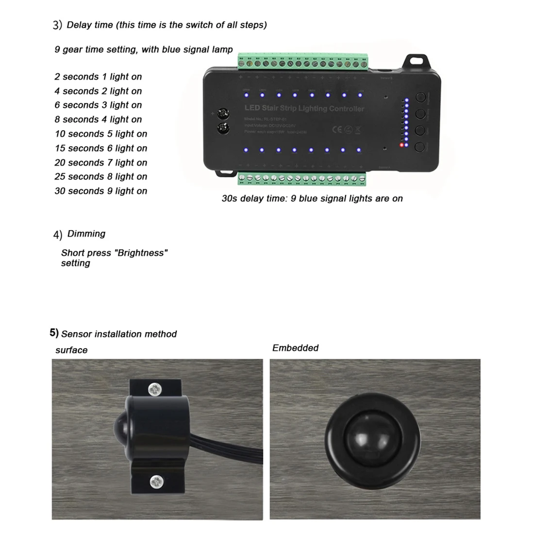 

Y43A-Dimmable Stair LED Controller 16 Channels Dual PIR Motion Sensor Step Light Strip Staircase Controler For Lamp Strip