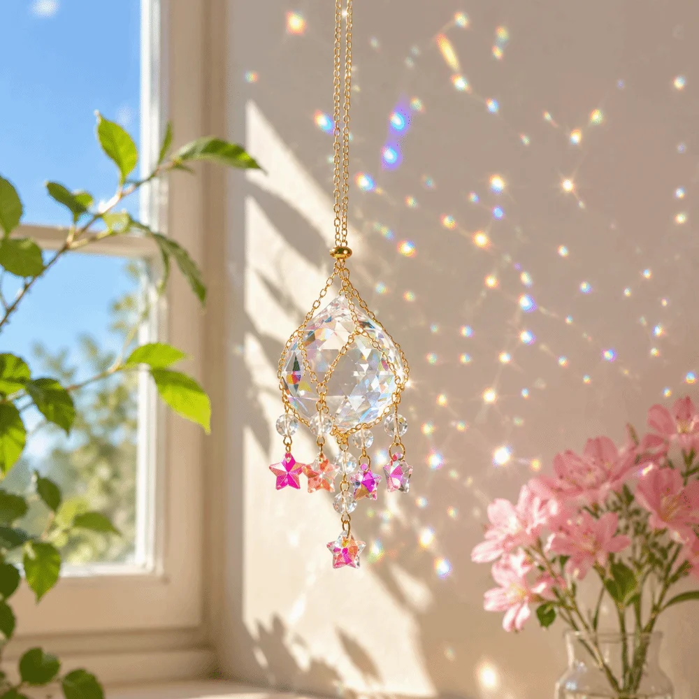 Transparent Crystal Glass Sun Catcher Detachable Spherical Rainbow Light Refraction Stainless Steel Chain Decoration