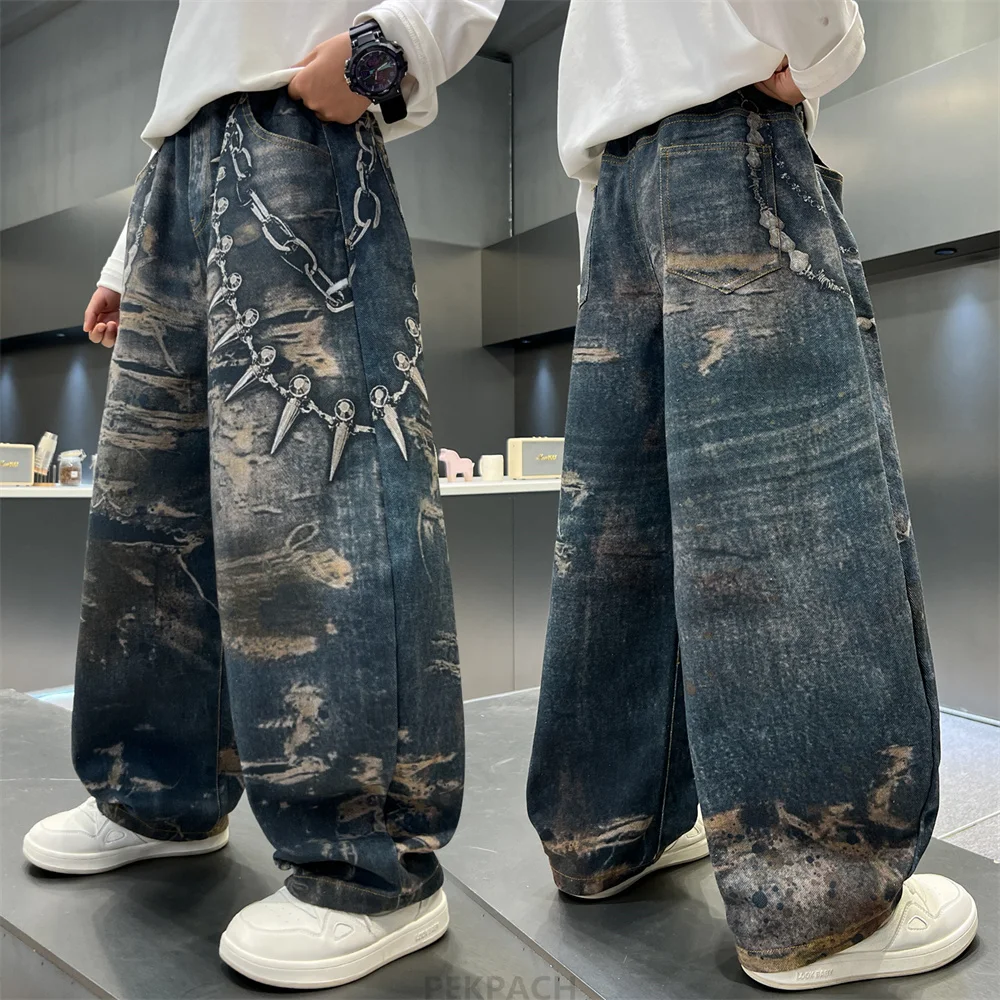 Stylish Youth Boys Street Jeans with 3D Print Kids Children Trendy And Cool All-Match Soft Comfortable Fashion Denim Pants 5-14Y