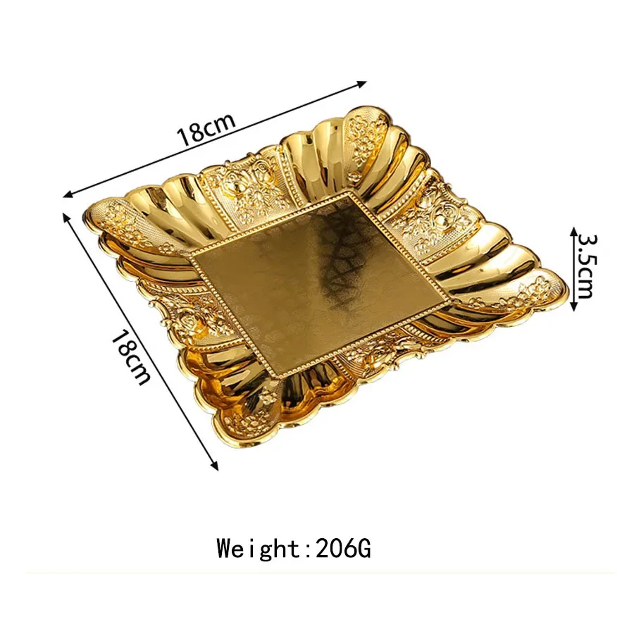 Fruit Serving Plate Metal Storage Tray Vintage Gold Square shape Carved patterns Decorative Plate Dessert Display Holder