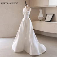 French Luxury White Satin Trailing Wedding Dresses for Bride 2026 Women Elegant Sexy Strapless Long Prom Party Dress Vestidos