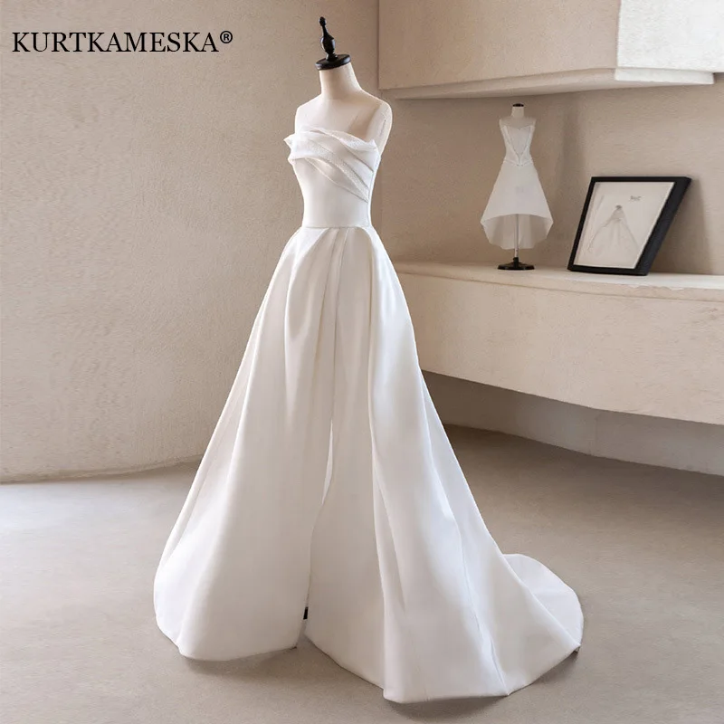 French Luxury White Satin Trailing Wedding Dresses for Bride 2026 Women Elegant Sexy Strapless Long Prom Party Dress Vestidos