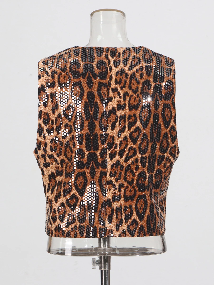 TWOTWINSTYLE, chaleco de lentejuelas de retales de leopardo para mujer, cuello en V, sin mangas, empalmado, abrigos elegantes de un solo pecho para