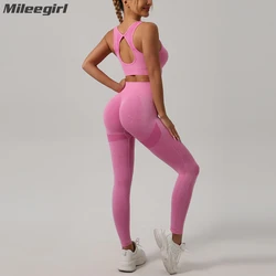 Mileegirl 2 pezzi set sportivi da donna, pantaloni da yoga push up, reggiseno fitness da palestra con schiena cava, leggings da corsa per allenamento, set senza cuciture