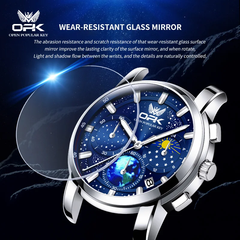 OPK Quartz Watch for Men Starry Sky Display Moon phase Multifunctional Stainless Steel Waterproof Luxury Men\'s Quartz Watch 8142