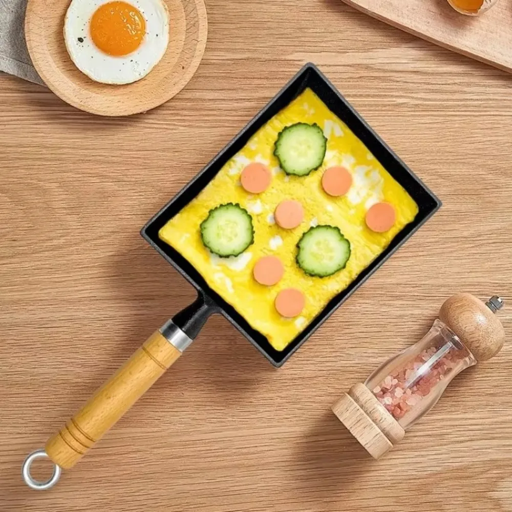 

Tamagoyaki Japanese Omelet Pan NonStick Uncoated Cast Iron Egg Pan Wooden Handle Rectangle Small Egg Frying Pan Cooking Tools