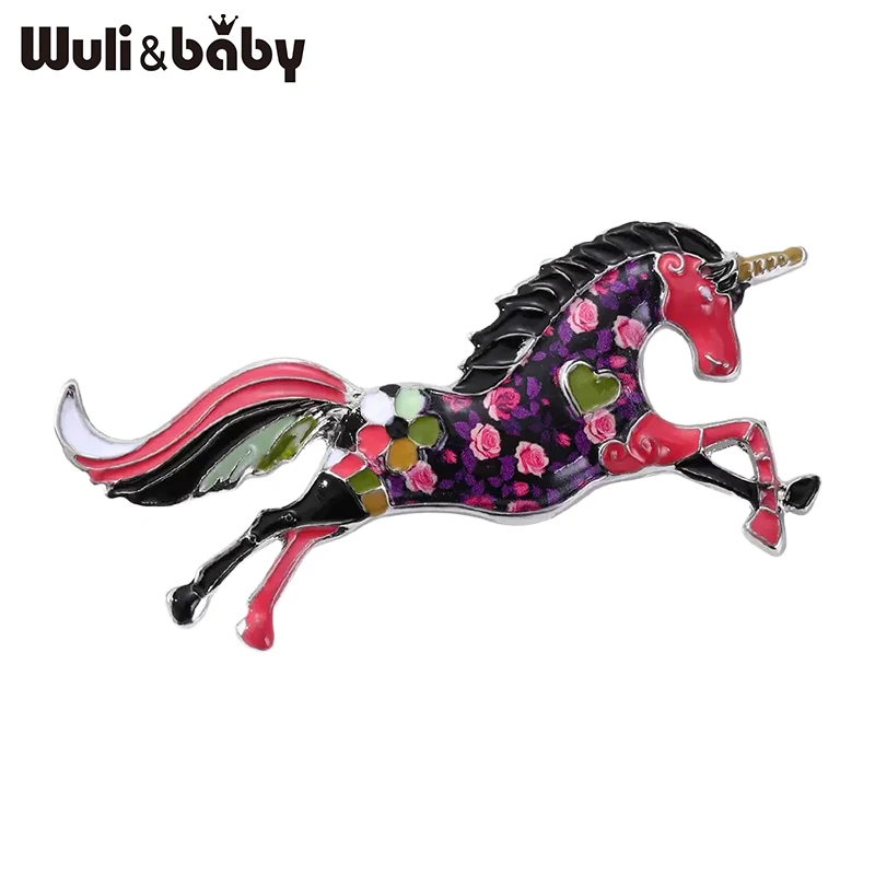 Wuli&baby Schöne Broschen mit laufendem Einhorn-Pferd für Damen, Unisex, niedliche 3-farbige Blumen-Tier-Broschen für Partys, Geschenke