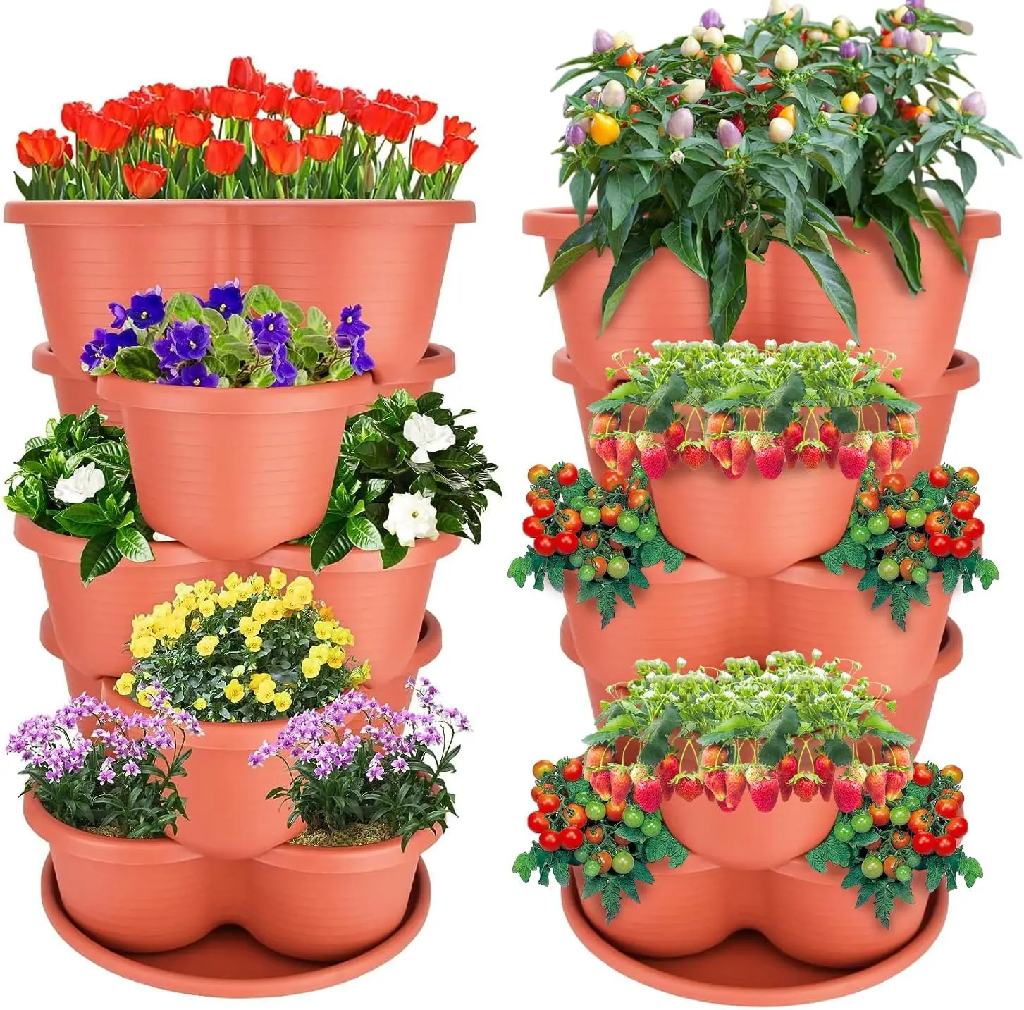 

2-Pack Stackable Planter Pots,Brick Red,5 Tier Garden Tower,Indoor/Outdoor Planters,Ideal for Growing Vegetables and Succulents