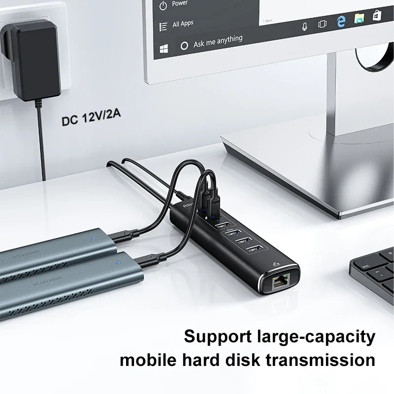RSHTECH USB Ethernet Hub 7-IN-1 10Gbps Tipo C Splitter RJ45 Gigabit Lan Adattatore di rete Espansore multiporta per laptop MacBook PC