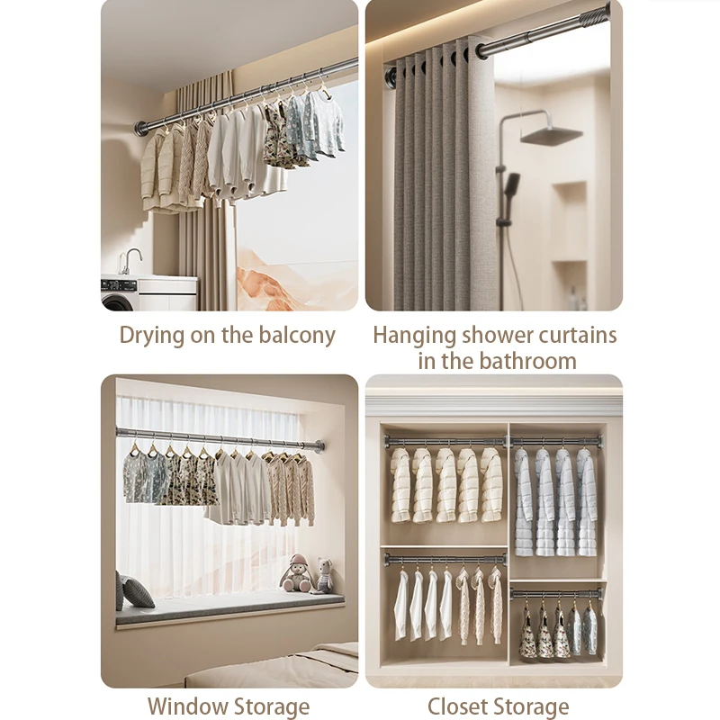 No Punch Telescopic Drying Rack,110-200cm Retractable Metal Pole for Curtain,Clothes Hanging Rod for Balcony Bathroom Wardrobe