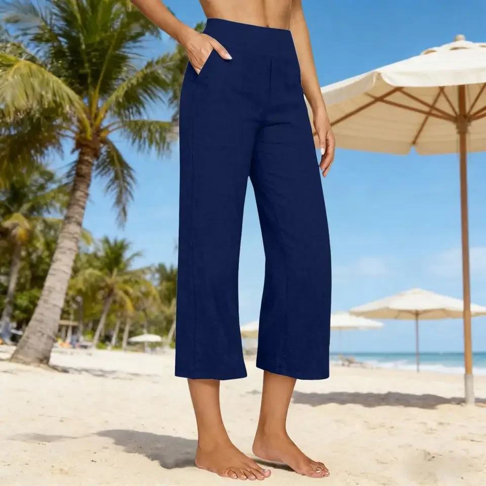 Women 3/4 Muslin Trouser Lightweight Linen Pants With Pockets Causal Loose Trousers Elastic Comfortable Fabric Bottom