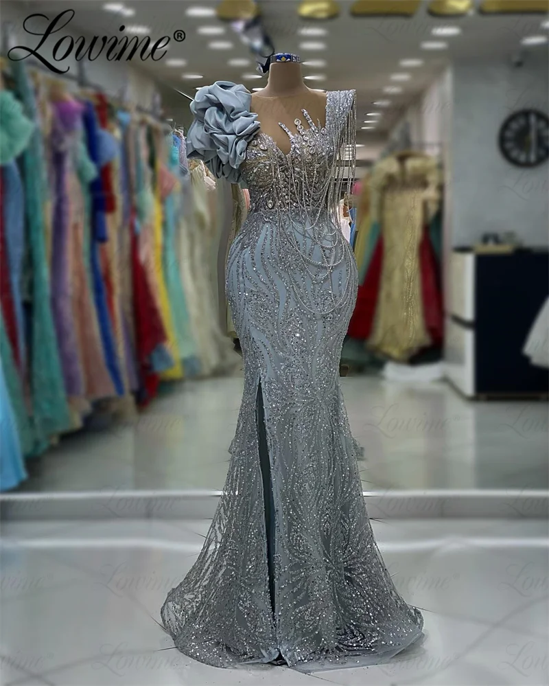 Abendkleider Luxus 2023 Silver Sequins Tassel Crystals Party Dresses Ruffles Sleeve Mermaid Customize Long Arabic Evening Dress