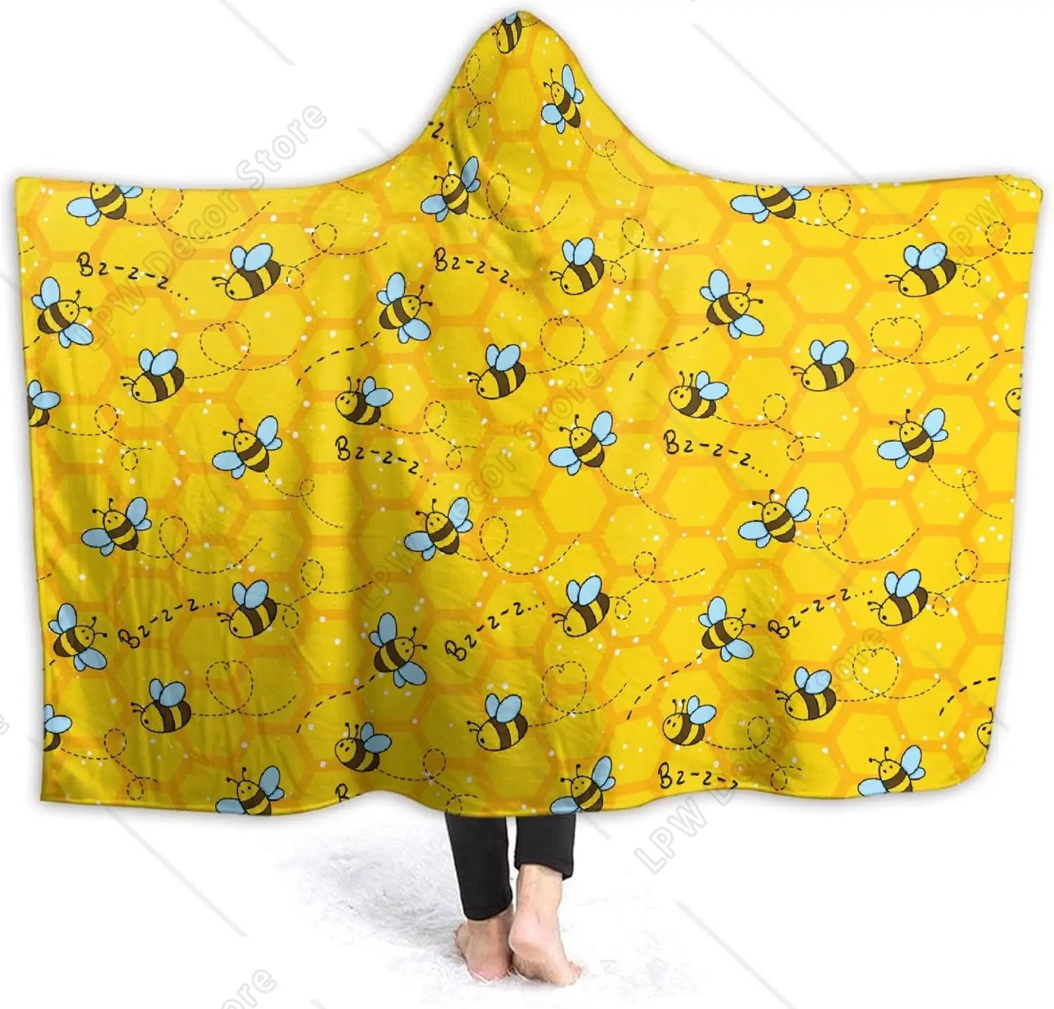Honeycomb Cute Bee Yellow Hooded Blankets for Couch Sofa Throw Bees Wearable Blanket Super Soft Lightweight Warm Gift