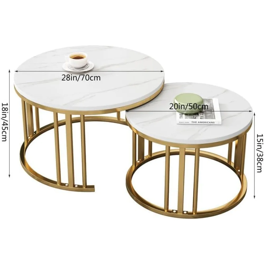 Round Nesting Coffee Table, Set of 2 Modern Coffee Table Faux Marble Top, Gold Metal Frame Nesting Table Living Room, Apartment