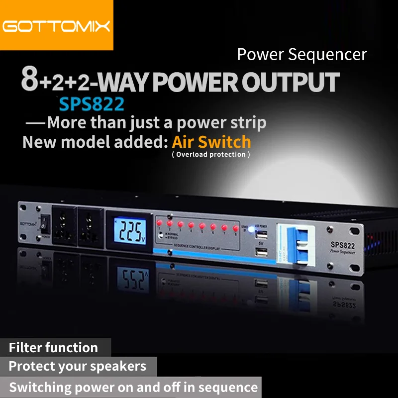 Gottomix SPS822 Professional Recording Studio 10-Way Power Sequencer with Filter Controller Protector