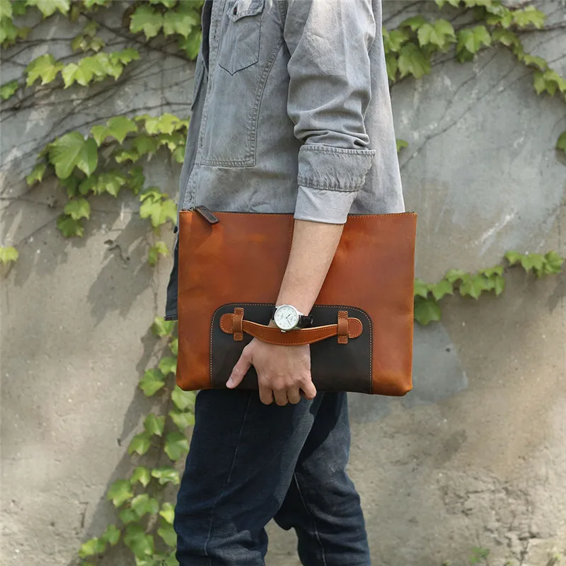 Pochette da uomo vintage in vera pelle di grande capacità, semplice borsa per documenti A4 per laptop da lavoro fatta a mano in vera pelle di vacchetta naturale