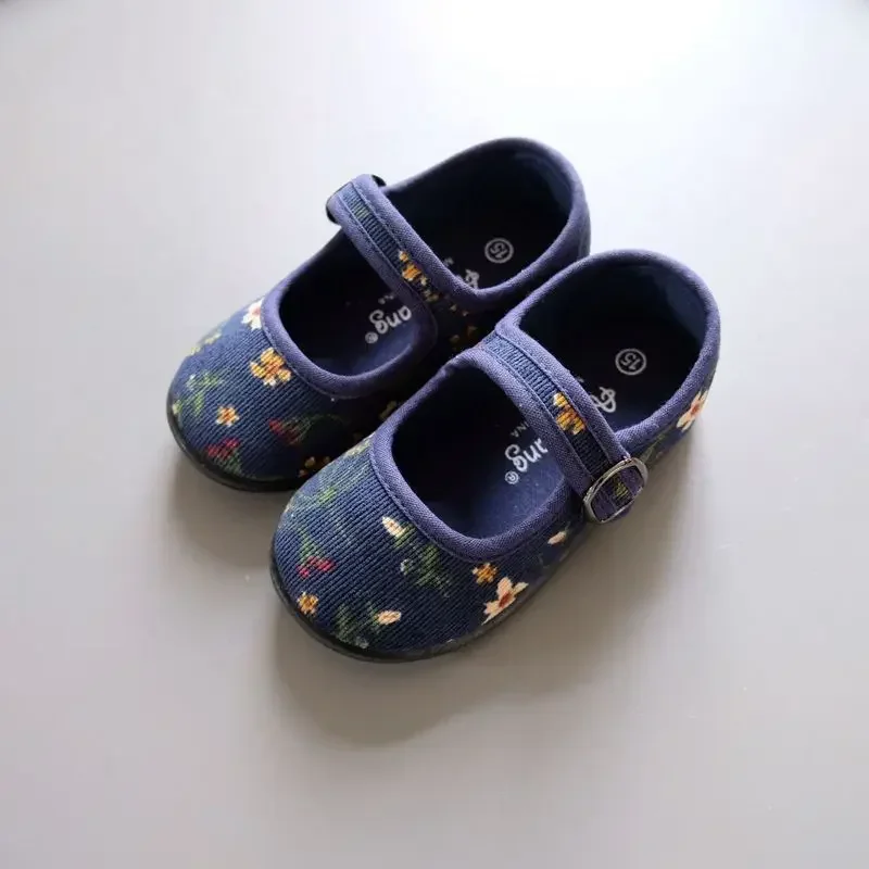 New Korean Version Corduroy Floral Canvas Shoes Girls Square Mouth Indoor Shoes Soft Soled Non-slip Baby Casual Shoes Zapatillas