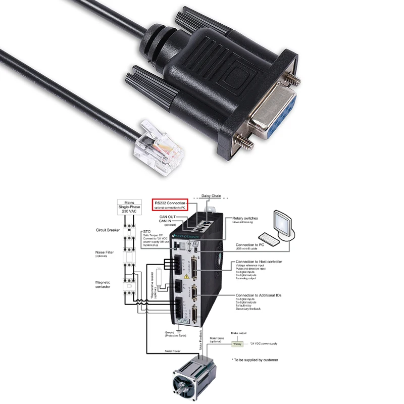 

D-sub 9 Pin DB9 Female RS232 Serial to RJ9 4P4C C7 PC Link Configuration Cable for Servotronix CDHD Servo Drive