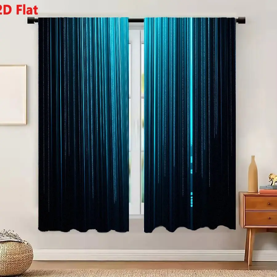 2Pcs Curtains 2D Flat Digital Abstract Background With Deep Blue And Cyan Vertical Lines Evoking Futuristic Data Transmission Wi