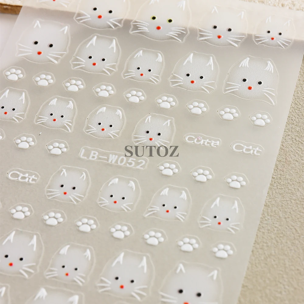 Cute Cat Nail Stickers Lovely White Colourful Cat Nail Slider Kawaii Cat Korean Style 5D Decals DIY Manicure Decors NTLB-W052