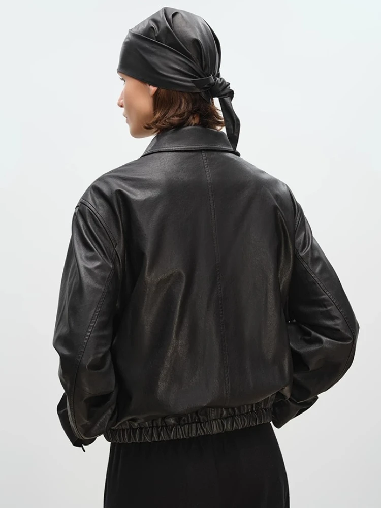 سترات قصيرة غير رسمية من الجلد الطبيعي للنساء لربيع وخريف 2025 معطف جديد راقي وبسيط وكلاسيكي ناعم أسود من جلد الغنم الحقيقي #4