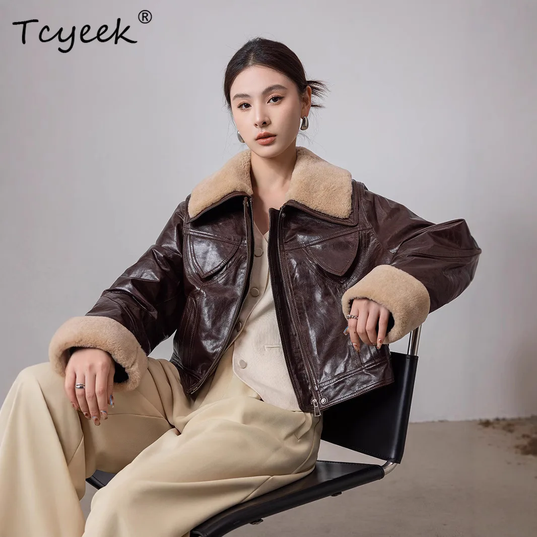 Tcyeek Goatskin White Goose Down Autumn Winter Lapel Retro Women's Genuine Leather Jacket Jaqueta De Couro Legítimo Feminina