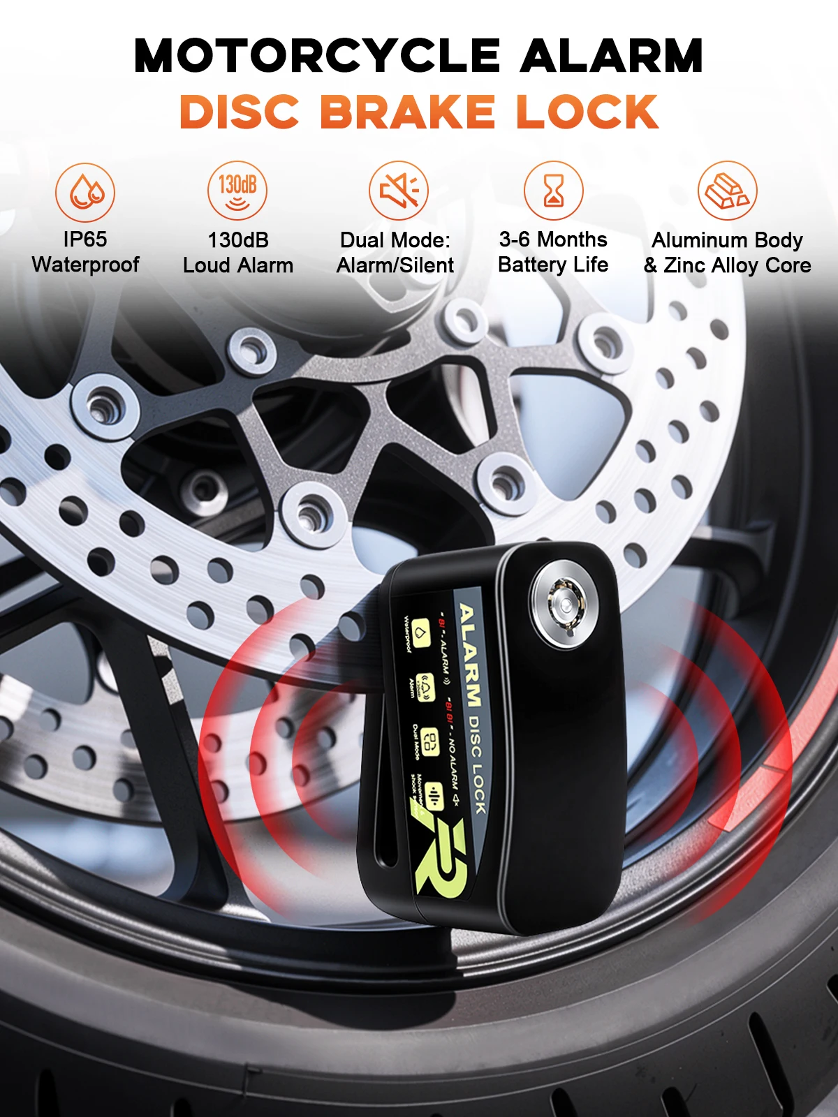 130dB Loud Anti Theft Security Disc Brake Lock Motorcycle Alarm Padlock Aluminum Alloy Motorbike Scooter Wheel Padlock Accessory view 5