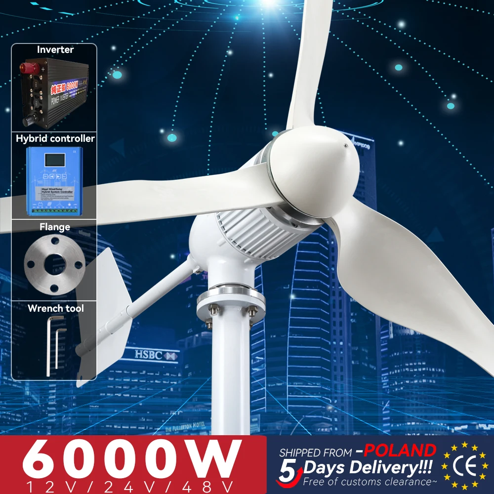 

6000w 6KW Wind Turbine 12v 24v 48v 4000W Generator Axis Windmill Energy Sources 3Blades Mppt Charge Controller Off Grid Inverter