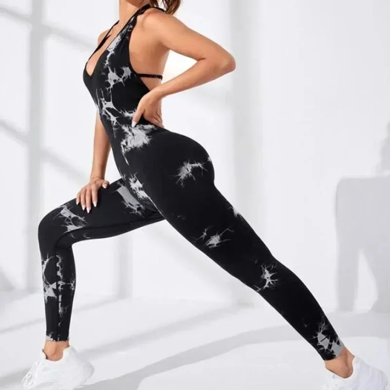 

Casual Exercise Sporty Tie-dyed Sexy Pants Lady Fashion Skinny Quick-drying Yoga Jumpsuit 2023 Elegant High-waist Trousers 30154