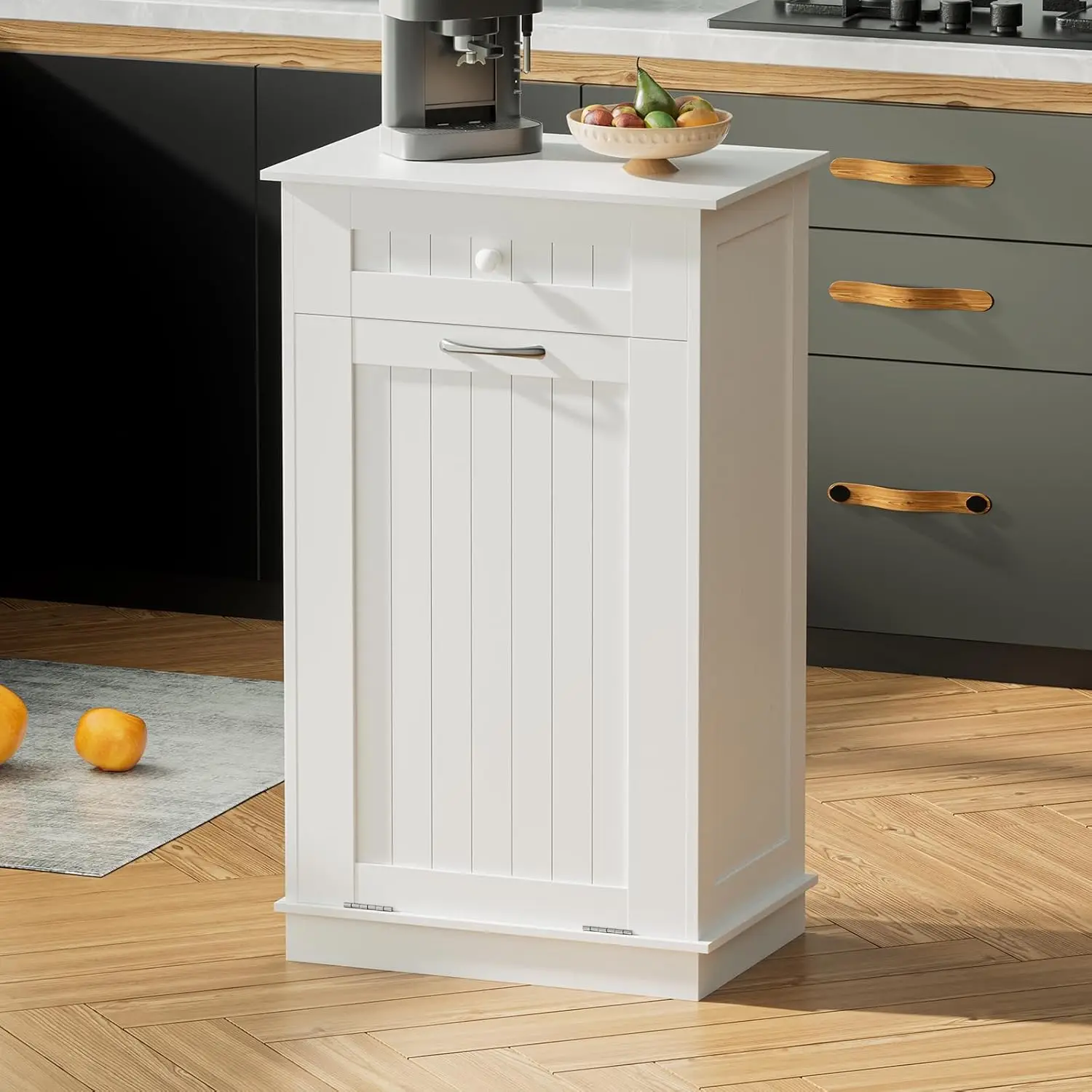 Wooden Tilt Out Trash Cabinet Bin, Dog Proof Garbage Can Holder, Kitchen Island With Laundry Hamper, White