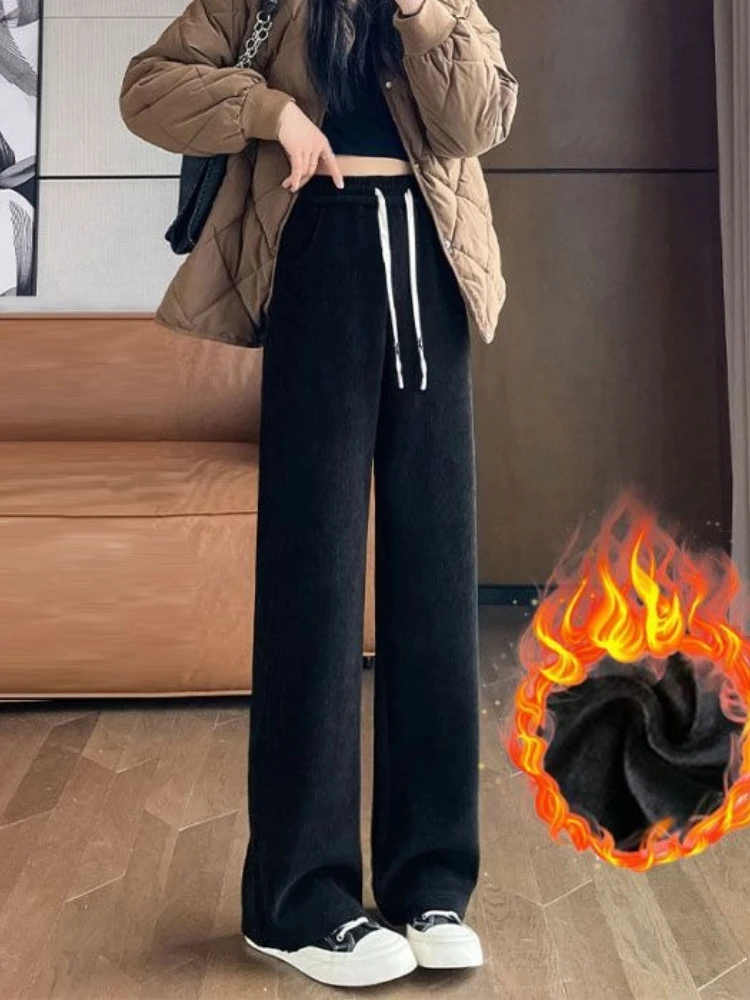 Wijde broek Damesbroek Herfst Winter Nieuwe verdikte joggingbroek met hoge taille Losse dunne casual broek Broek met rechte pijpen