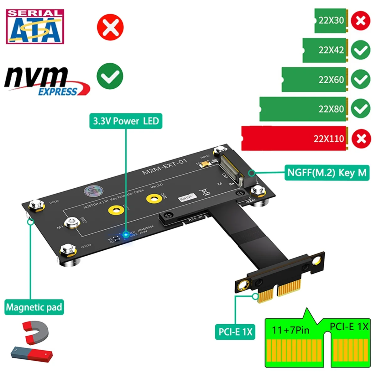 Câble d'extension avec support de tampon magnétique pour PC, M.2 NGFF NVcloser M-Key SSD vers PCI-E 1X, 2230, 2242, 2260/2280 M.2 SSD