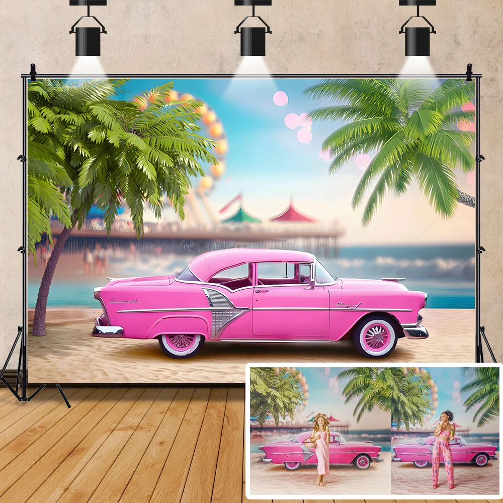 Summer Pink Doll Car Beach Surf Shop Backdrops Kids Baby Birthday Photocall Portrait Photography Props Seaside Trees Background