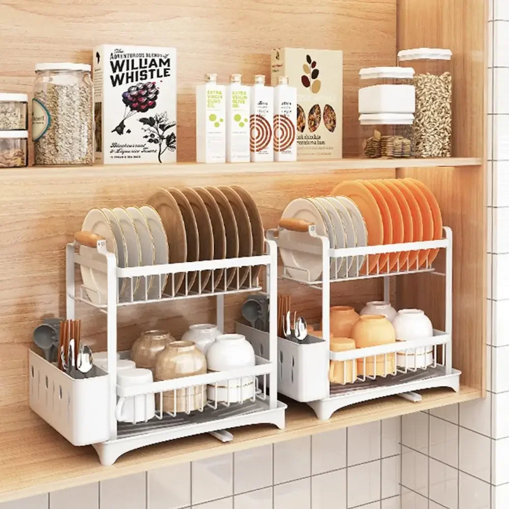 

2 Tiers Dish Drainer Glasses Holder Drying Rack with Tray Kitchen Sink Counter Organizer Storage Shelf Tableware Drainboard