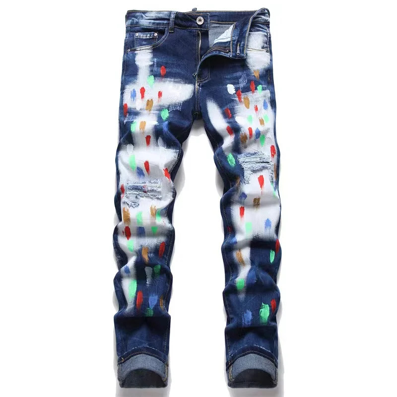 

EH·MD® Painted Fingerprint Jeans Men Broken Holes High Elastic Slim Fit Feet Zipper Leather Label Speckle Wrinkle Scraping White