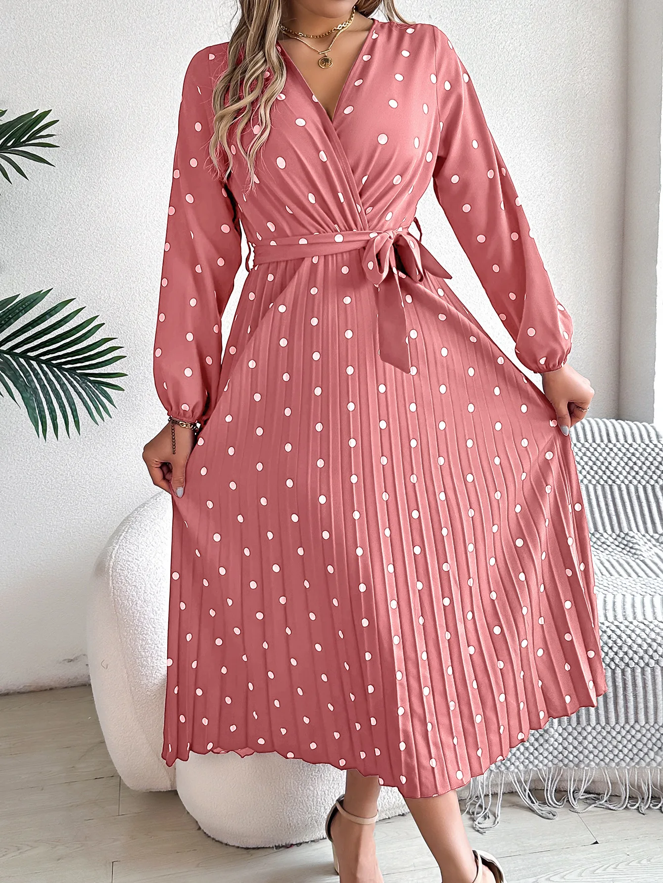 

Trendy Women's Dresses Polka Dot Printed Autumn Elegant Temperament Long Skirt V-neck Long Sleeve Dress For Women Robe Femme