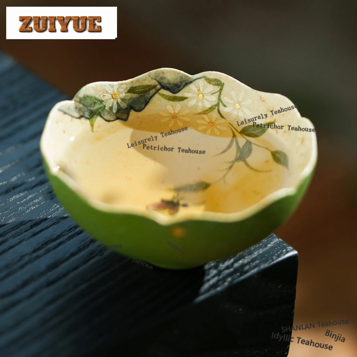 HOYIHM 60ml Citrus Green Sprinkle Gold Hand Painted Daisy Teacup Zen Tea Bowl Mug Tea-tasting Meditation Cup Chazhan Master Cups
