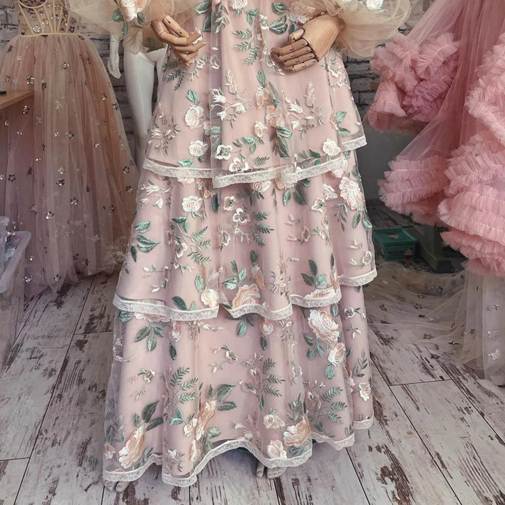 A Line Layered Embroidered Flowers Fairytale Prom Dress Long Puffy Sleeves Pearls Sweetheart Maxi Homecoming Cocktail Gowns