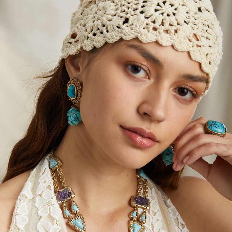 Vintage Cameo Oval Turquoise Blue Stone Jewelry Sets Pendant Necklace Bracelet Earrings Ring Antique Gold Plate Luxury 2026 Gift