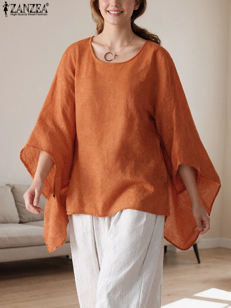 

ZANZEA Autumn Women Blouse 3/4 Bat Sleeve Fashion Top 2025 Loose Solid Irregular Shirt Elegant Holiday Tunic Casual O-neck Blusa