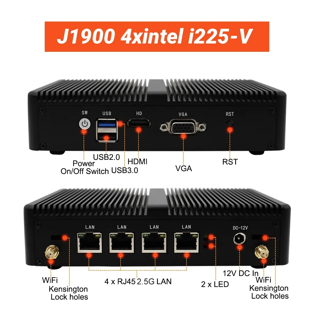 Fanless Mini PC Celeron J1900 N5095 HD VGA 4xLan Home Office Firewall PC Network Server/Security/VPN Router 8GB RAM 128G SSD