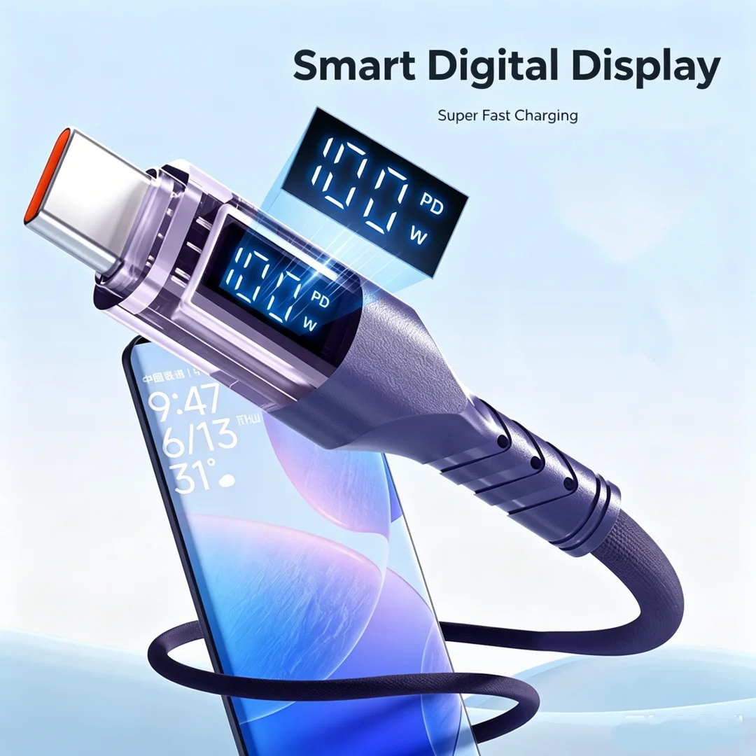 100W Digital Display USB-C to USB-C Fast Charging Cable Transparent Shell Data Cord 1M 1.5M Purple For Type-C Laptops Smartphone