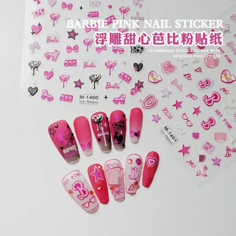 Barbie 5D Relief Nail Sticker Cute Cartoon Pink Sweetheart Barbie Nail Stickers Bow stars Princess Women's Products Girls Gifts images - 6