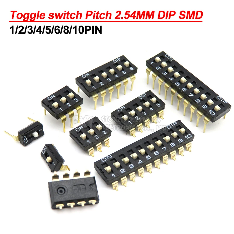 5PCS Toggle switch DIP SMD 1/2/3/4/5/6/8/10PIN ibuw slide switch socket 1 2 3 4 5 6 8 10 bits Pitch 2.54mm Black Snap Switch