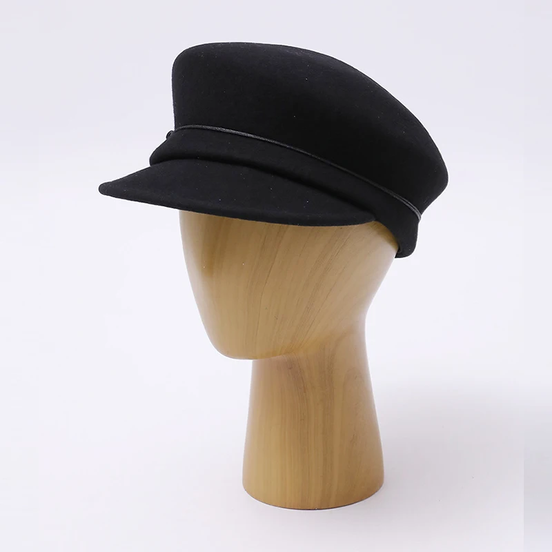 Fashion Retro Leather-Cord Newsboy Cap Women's Wool Baseball Cap With Folded Irregular Brim Asymmetrical Equestrian-Style