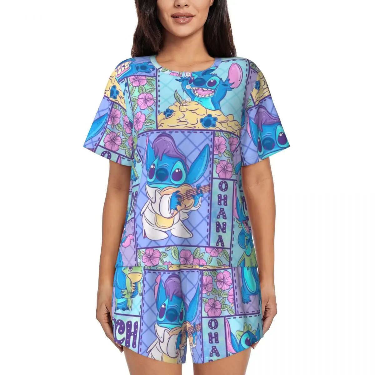 

Custom Ohana Stitch Hawaiian Floral Adventure Pajamas Set for Women 2-Piece Short Sleeve Sleepwear Loungewear PJS Shorts Sets